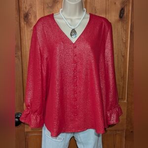 Hope & Harlow‎ Chic Red Blouse With Silver Sheen And Faux Button-Down Front